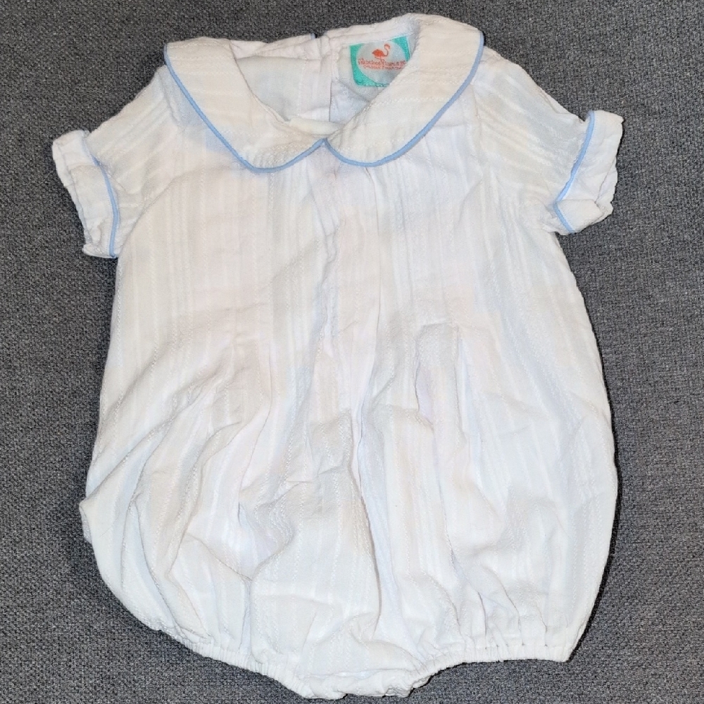 2T White Toddler Bubble Romper with Light Blue Trim